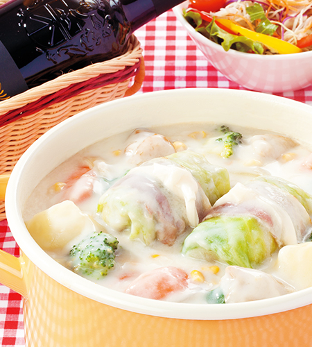 [ 時短レシピ ]ベーコン巻きロールキャベツのクリームシチュー